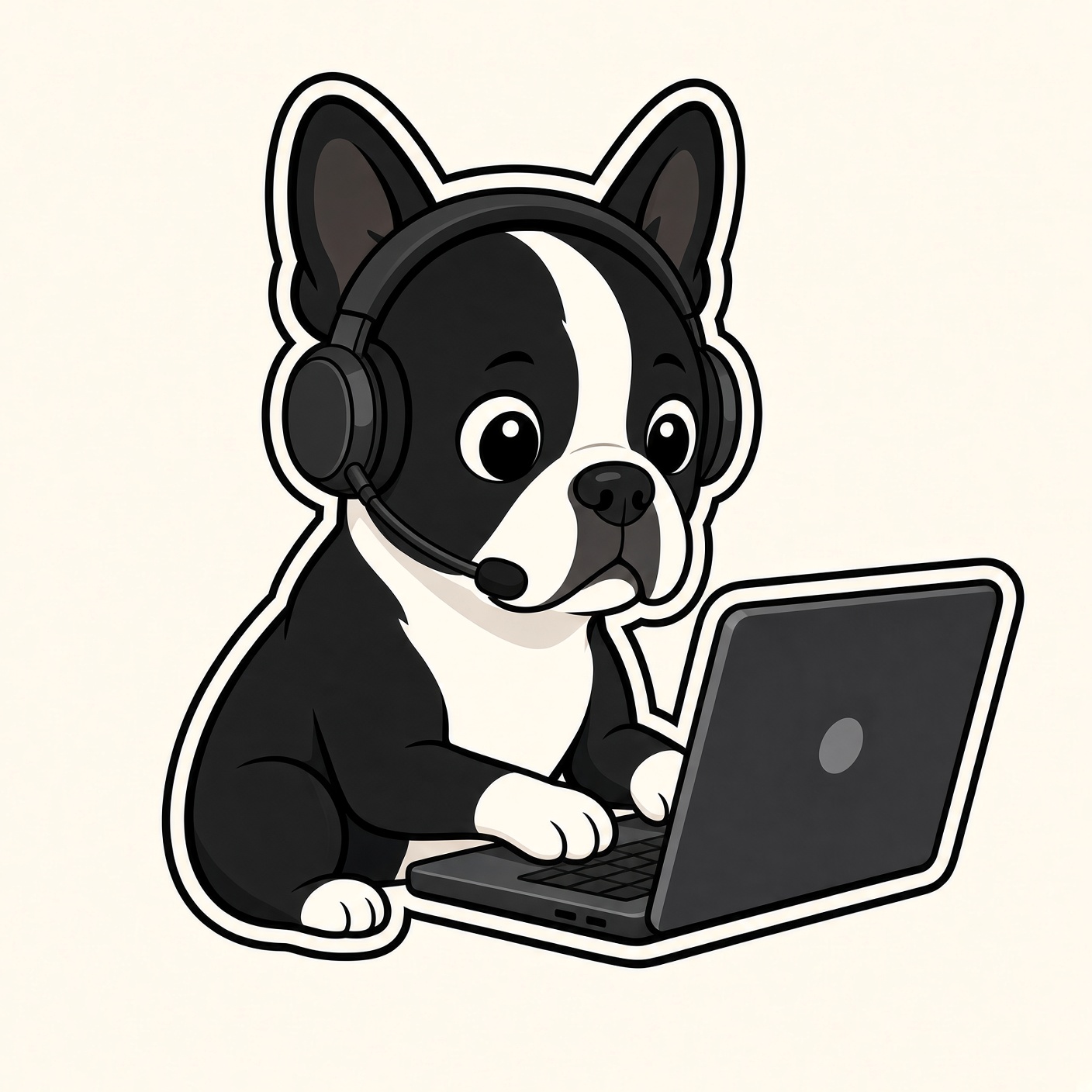Otto the OttoMator, a cartoon black and white Boston Terrier in a headset at a laptop.